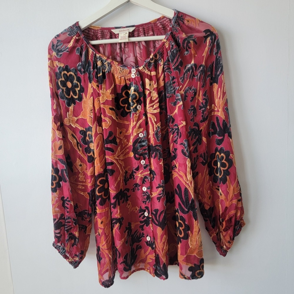 Sundance women's floral burnout Sheer velvet bohemian peasant top sz M in a pink